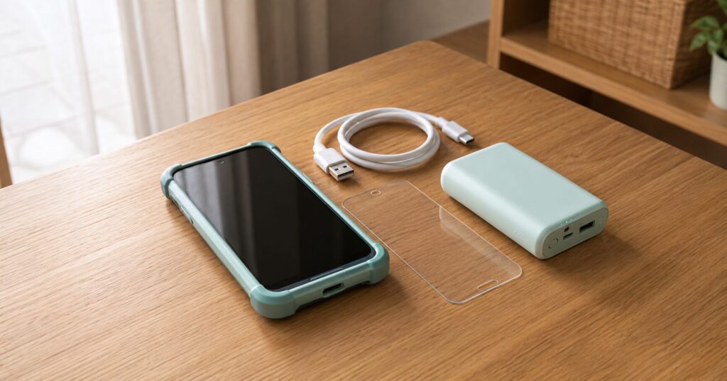 子ども用スマホのケースとガラスフィルムと充電アイテム
