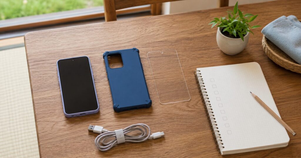 子ども用スマホ本体とケースとガラスフィルムを準備するイメージ