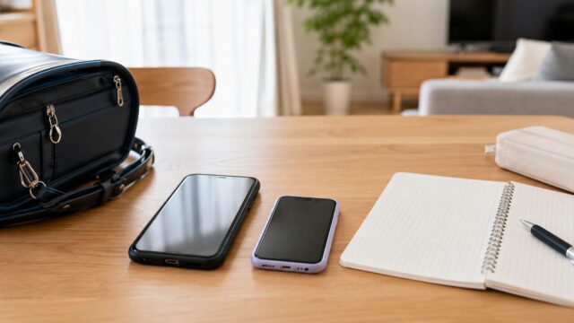 小学生の見守りスマホと格安SIMを家計ノートと一緒に検討する家庭のイメージ