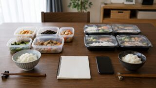 冷蔵宅配惣菜と冷凍宅配弁当を日本の家庭の食卓で比較している様子