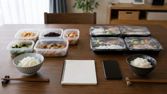 冷蔵宅配惣菜と冷凍宅配弁当を日本の家庭の食卓で比較している様子
