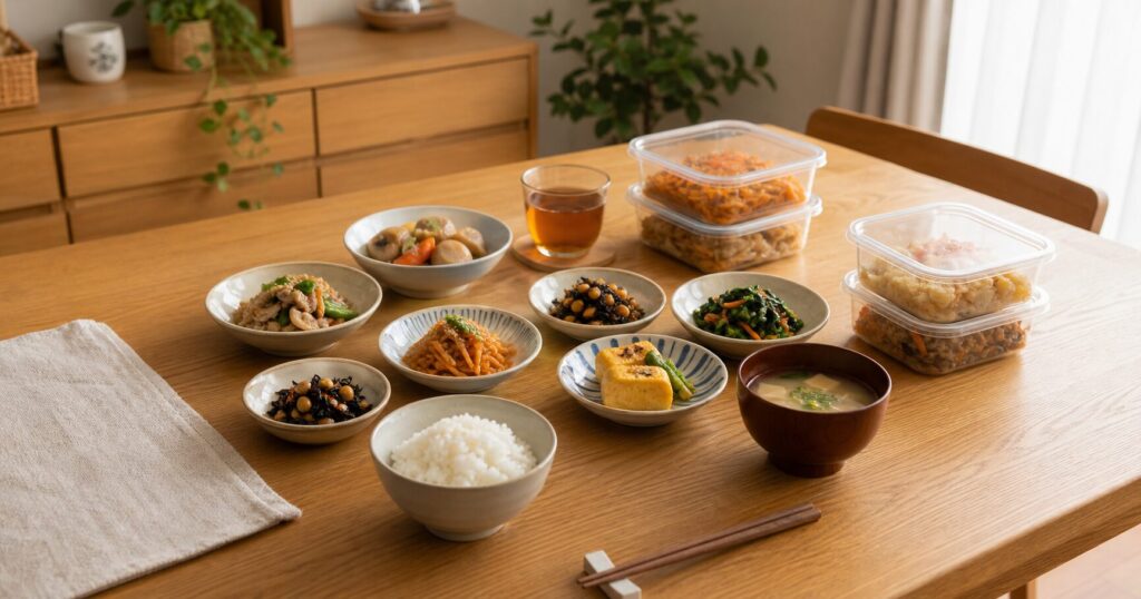 冷蔵宅配惣菜を上手に取り入れた家庭の夕食イメージ