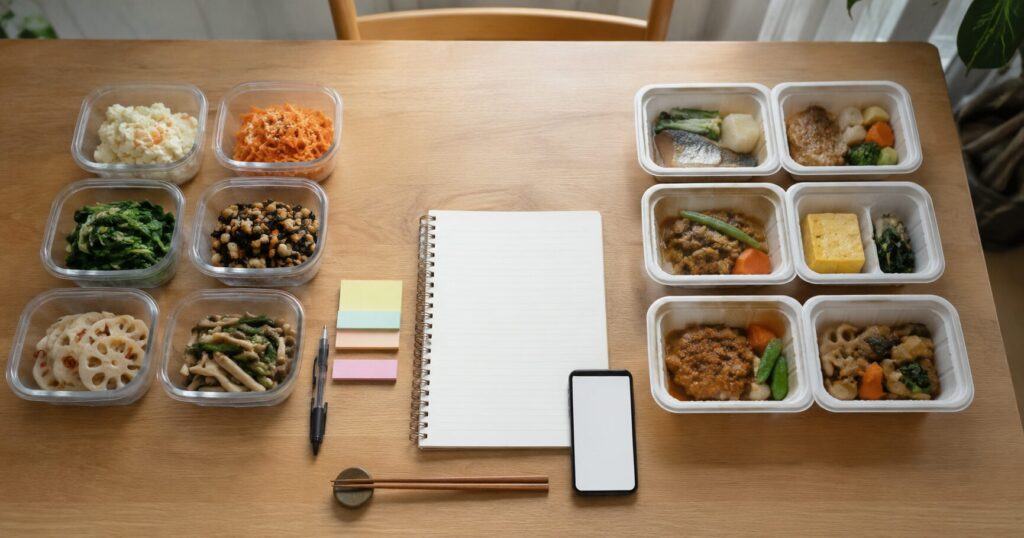 冷蔵惣菜と冷凍弁当を食卓で比較している様子