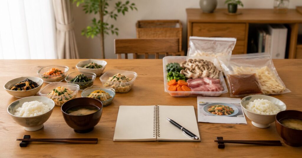 冷蔵宅配惣菜を使った家庭的な夕食の食卓