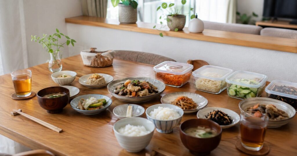冷蔵宅配惣菜を小皿に盛り付けて家族の夕食に並べた様子