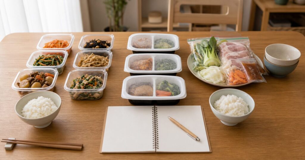 冷蔵惣菜と冷凍弁当とミールキットを比較する食卓イメージ