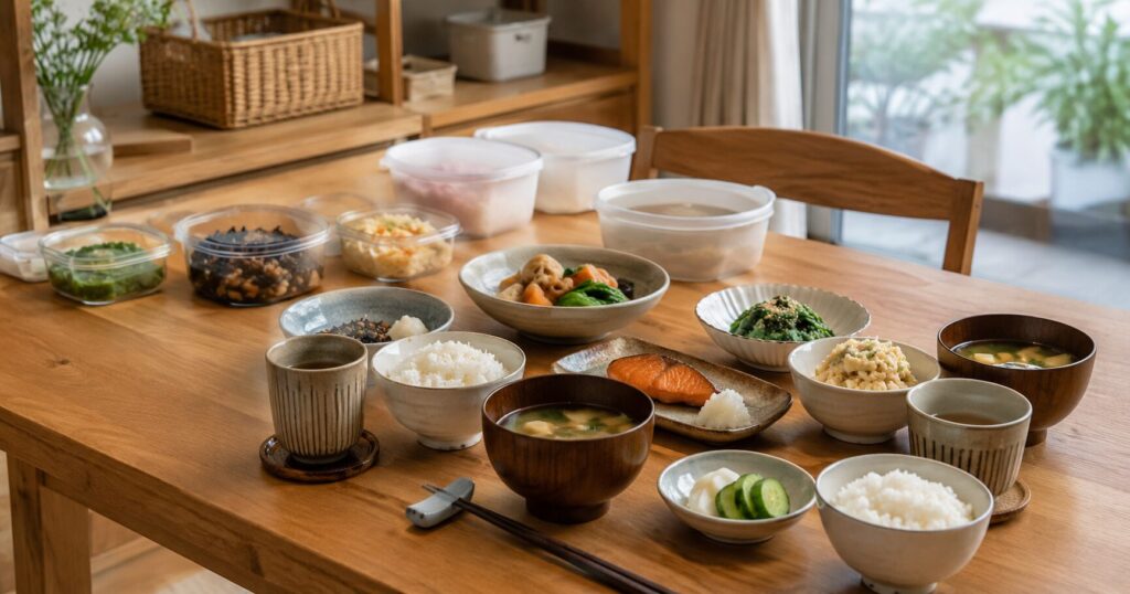冷蔵惣菜を使って整えた家族の夕食テーブルのイメージ