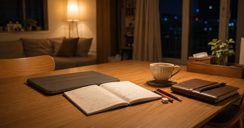 小学生の家庭学習を無理なく終えた夜のイメージ