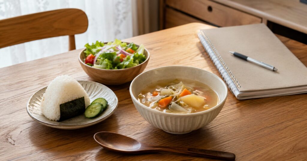 レンジ野菜スープを使った簡単ランチのイメージ