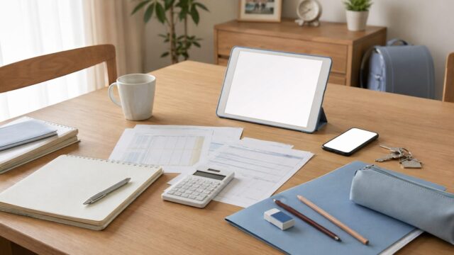 子どもの教育費を考えるために家計ノートと学用品を並べた家庭のテーブル