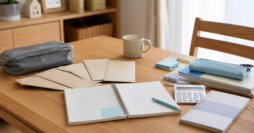 教育費の貯め方を家計ノートと電卓で整理するイメージ