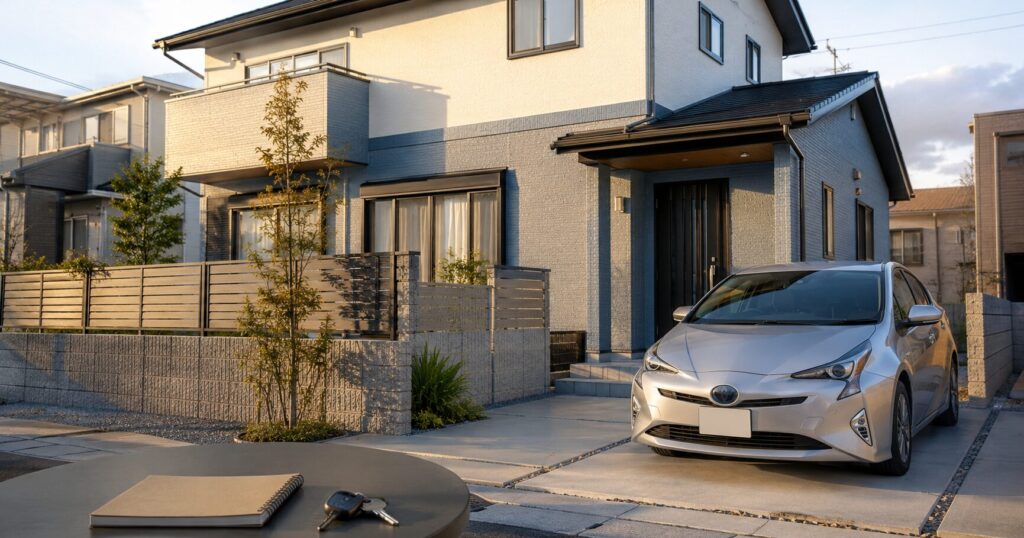 外壁塗装が終わり普段どおり駐車できるようになった日本の住宅