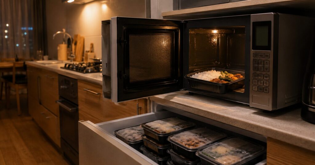 忙しい平日の夜に冷凍宅配弁当を電子レンジで温めている様子