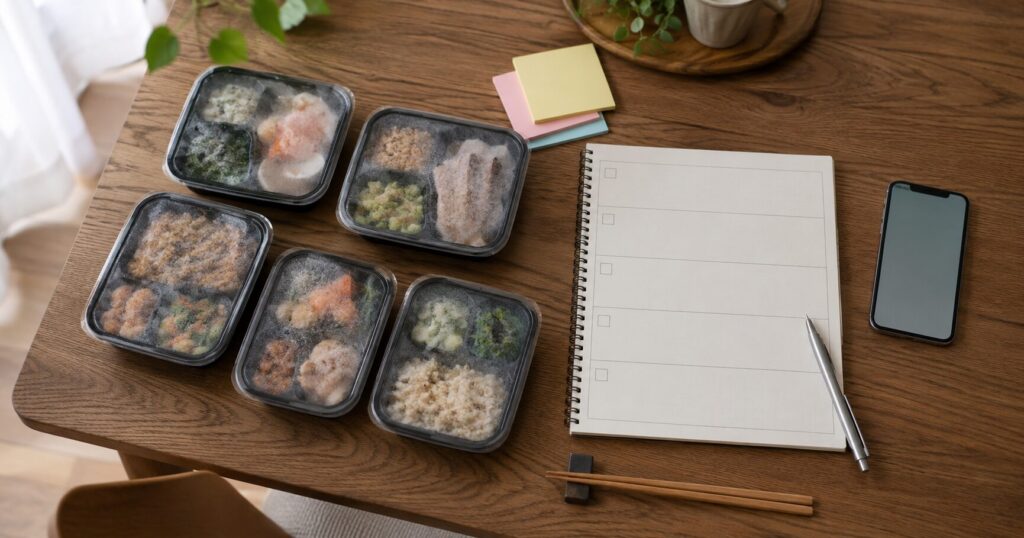 冷凍宅配弁当が合わない理由をチェックするノートと冷凍弁当