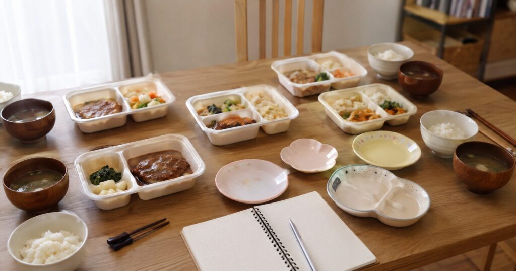 家族の夕食で冷凍宅配弁当の量や組み合わせに悩む食卓