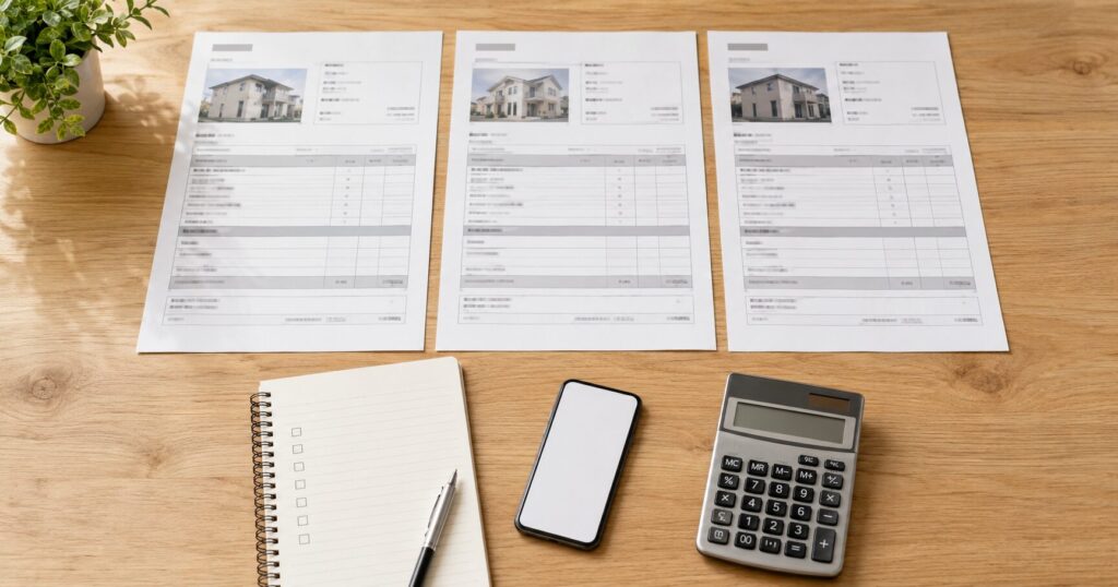 外壁塗装の見積書を複数社で比較しているイメージ