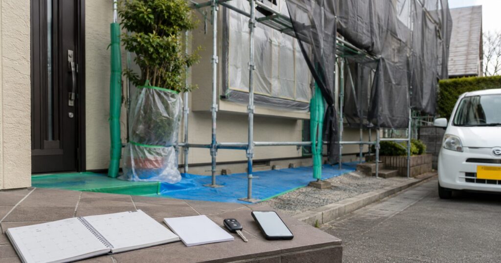 外壁塗装工事中に代替駐車場を確認しているイメージ
