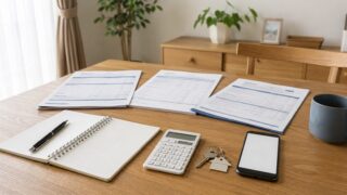 外壁塗装の見積書と家計ノートを並べて業者選びを考える日本の家のダイニングテーブル