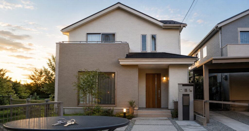 外壁塗装後のきれいな日本の戸建て住宅と家族の暮らしを感じる玄関まわり