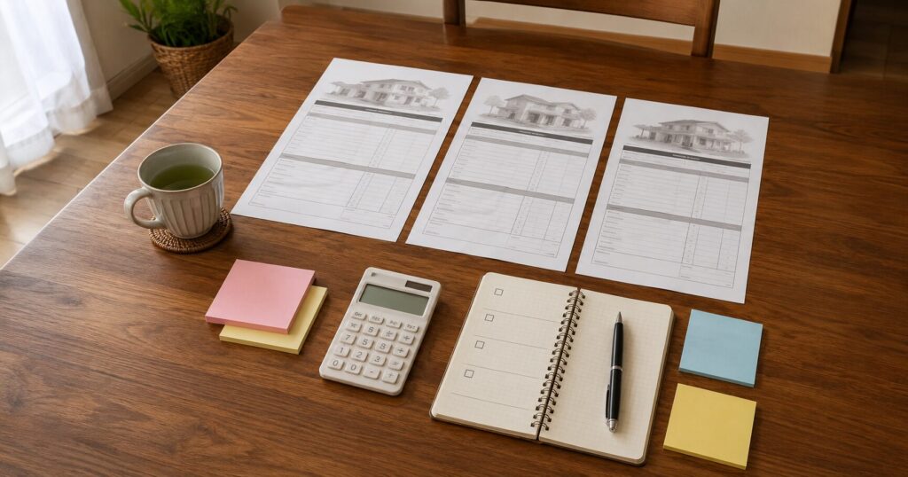 外壁塗装の複数の見積書を家計ノートと一緒に比較する様子