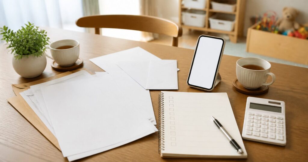 スマホと保険書類を見ながら無料相談を検討する家庭の食卓