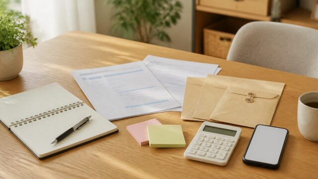 家計簿と保険書類を見ながら保険の見直しを考える家庭の食卓