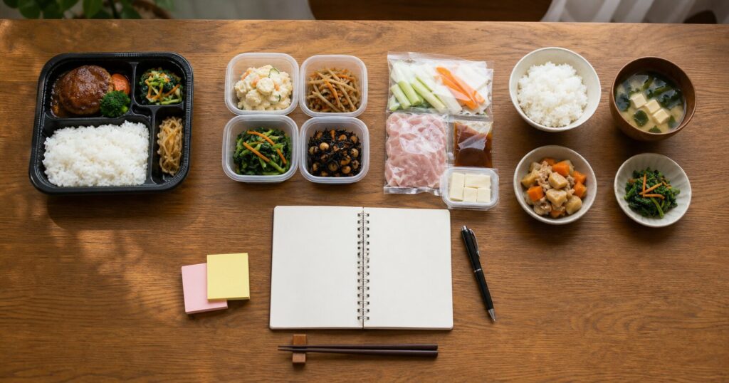 冷凍宅配弁当と冷蔵宅配惣菜とミールキットを比較する食卓