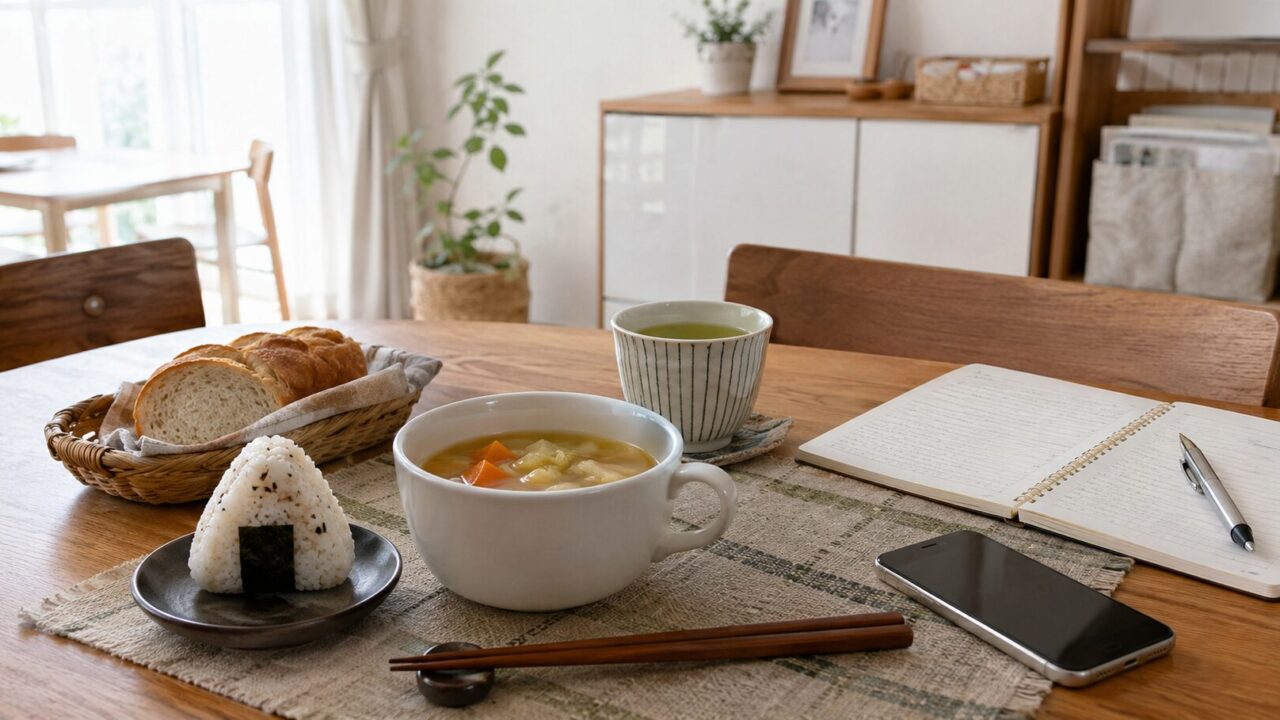 忙しい日の食事に使いやすいレンジ野菜スープのイメージ