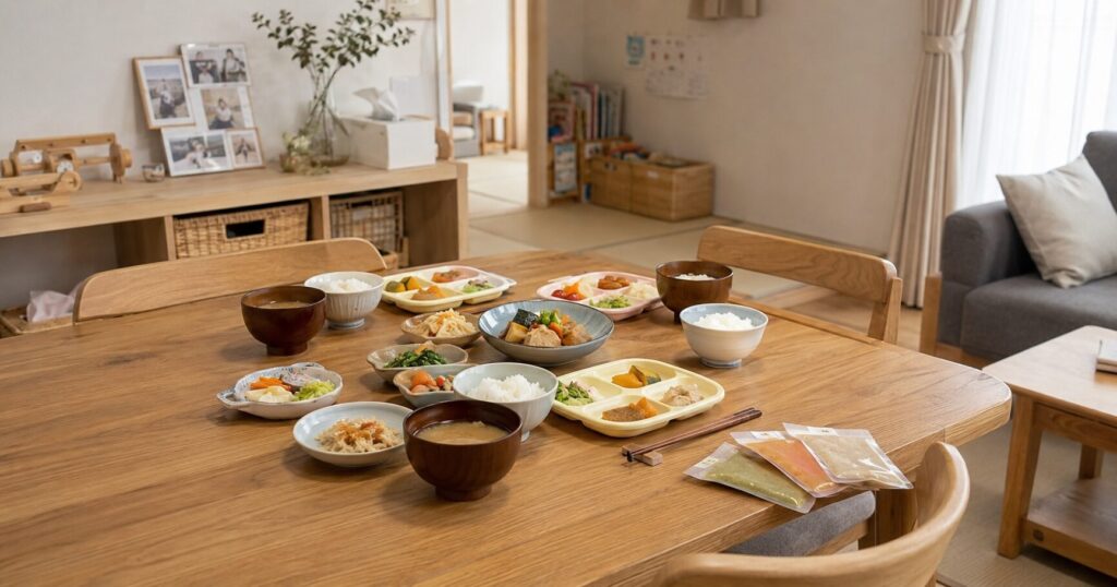 幼児向け冷凍食を使って平日の夕食準備をラクにしている日本の家庭の食卓