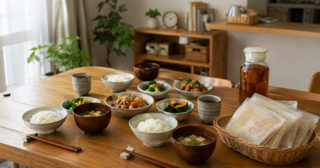 幼児向け冷凍宅配を活用して落ち着いた夕食を準備する家庭の食卓
