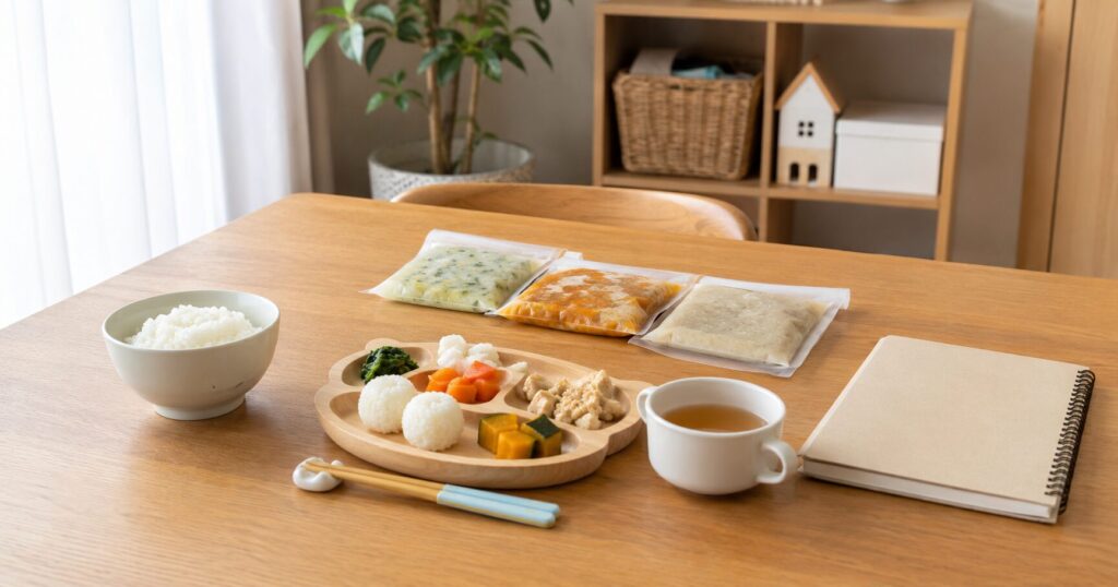 モグモの注意点を確認したうえで幼児食を準備している家庭の食卓
