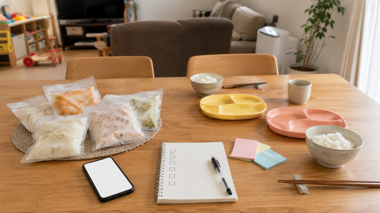 幼児向け冷凍宅配モグモを検討する家庭の食卓とチェックノート