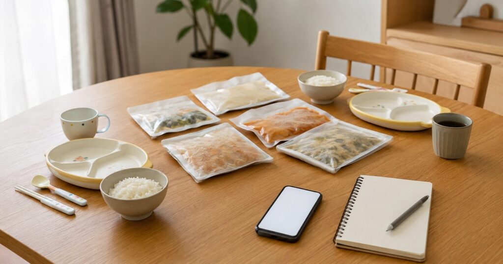 モグモを検討したあと公式ページを確認するスマートフォンと幼児向け冷凍食