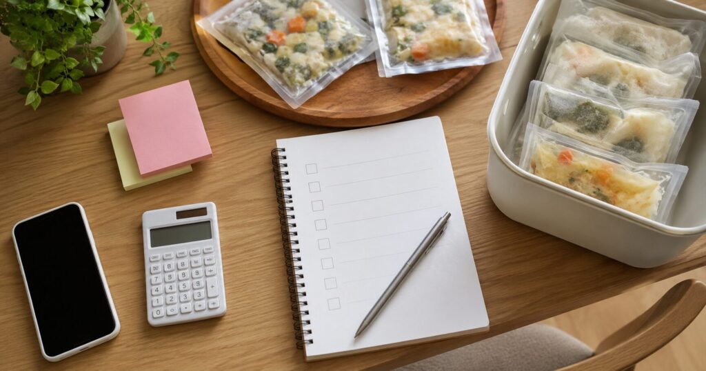 モグモの料金と送料をチェックリストで確認している食卓