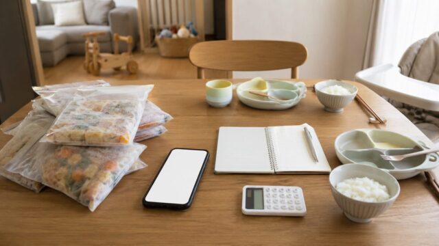 幼児向け冷凍宅配の料金をスマートフォンと家計メモで確認している食卓
