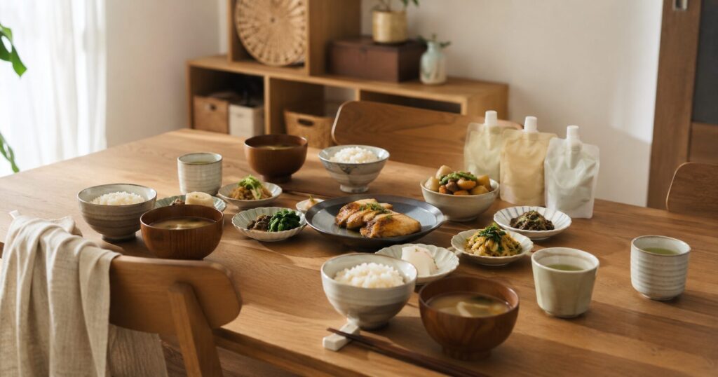 幼児向け冷凍宅配を使って落ち着いた夕食時間を過ごす日本の家庭の食卓