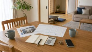 二世帯同居の家族が外壁塗装の見積書と家計ノートを見ながら話し合うイメージ