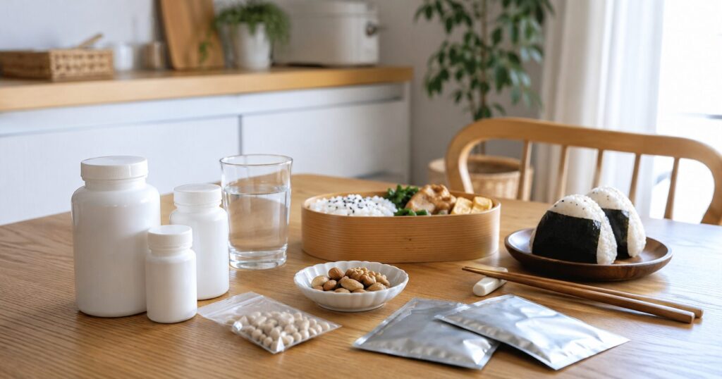 サプリメントとみそ汁、ミックスナッツを木のテーブルに並べた健康管理と食品ストックのイメージ