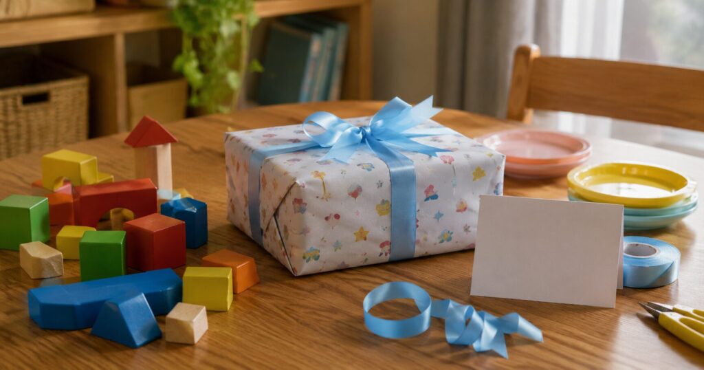 子どもの誕生日プレゼント用にブロックおもちゃとラッピング用品を用意した様子