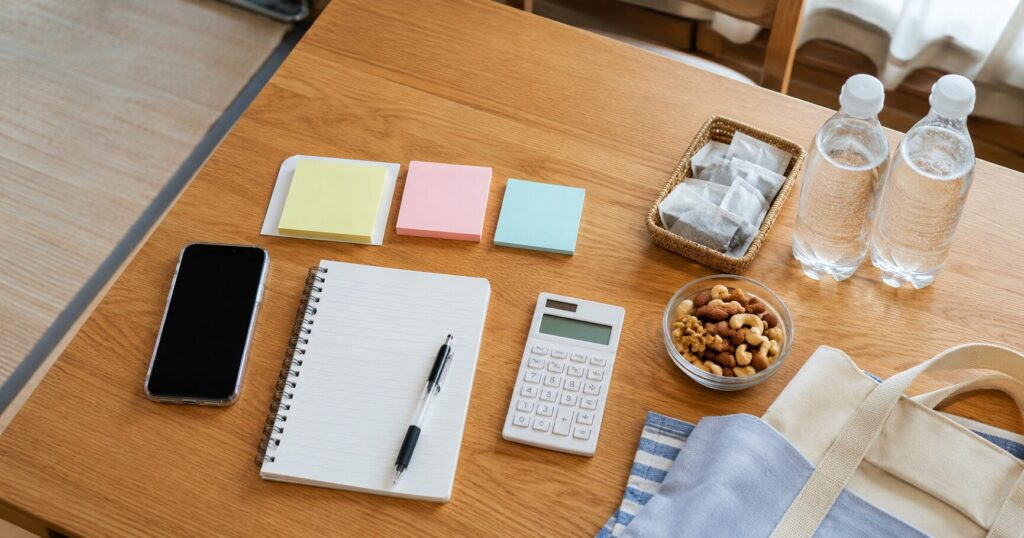 スマートフォンと買い物メモ、家計ノートで楽天スーパーセールの購入品を計画する様子