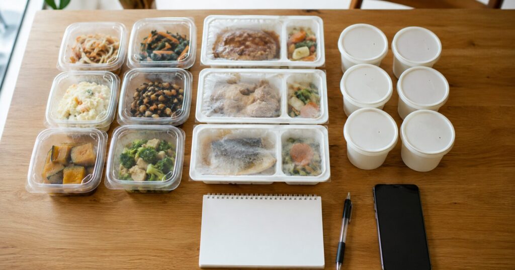 冷蔵惣菜と冷凍宅配弁当と常温スープを比較するイメージ