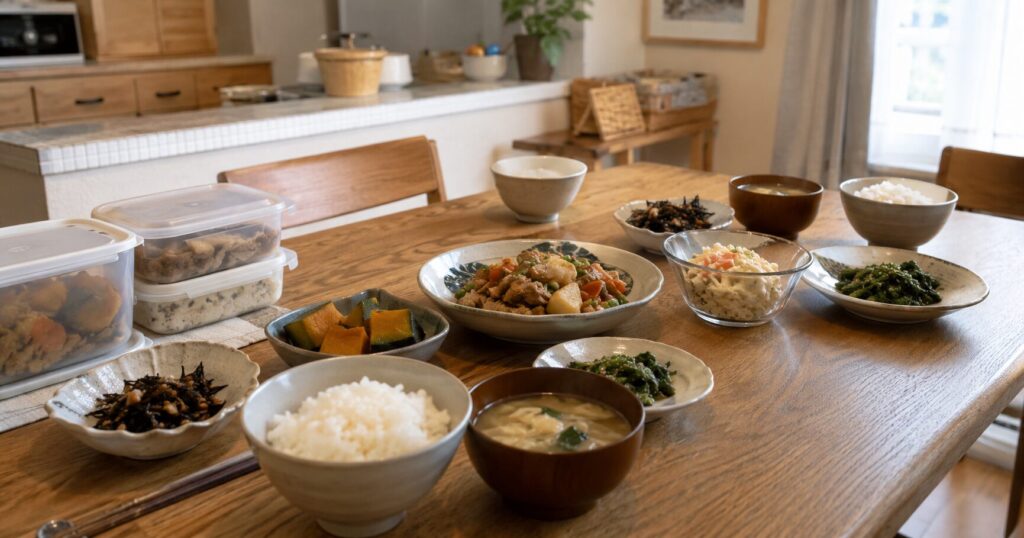 冷蔵お惣菜を温めて家族の食卓に並べるイメージ