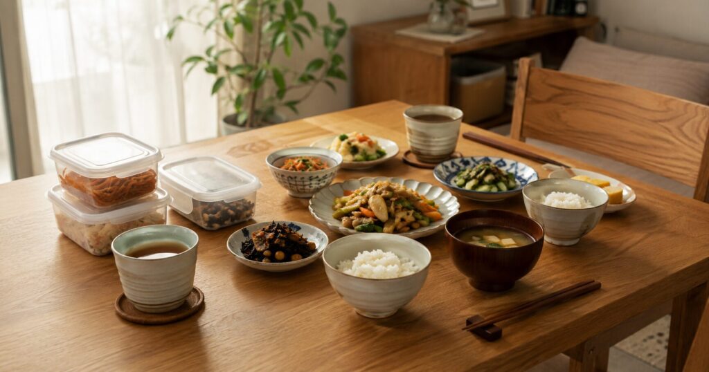 冷蔵宅配惣菜を小皿に盛り付けた共働き家庭の夕食テーブル
