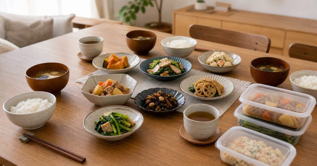 冷蔵宅配惣菜を使った家族の夕食イメージ