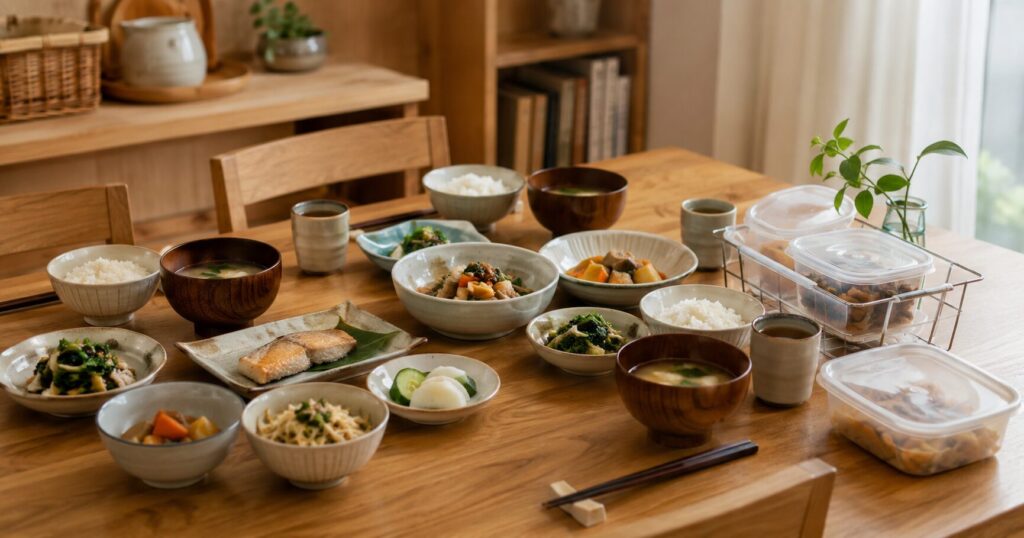 宅配惣菜を活用して落ち着いた夕食を準備した日本の家庭の食卓