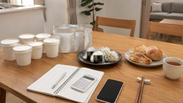 常温保存できるスープとおにぎりを並べた忙しい家庭の時短ごはんイメージ