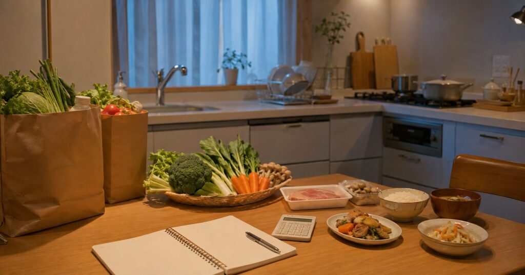 食材宅配を取り入れて夕食準備と家計のバランスを考えるキッチンのイメージ