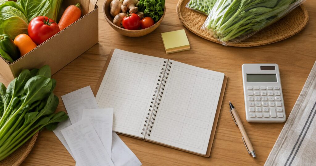 食材宅配の費用や使い切りを家計簿で確認しているイメージ