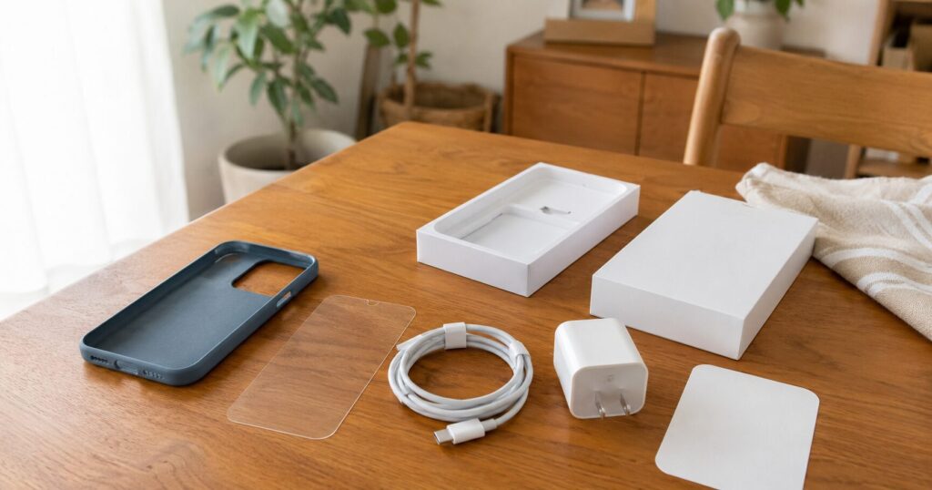 スマホケースやフィルムとスマホ保険を準備するイメージ