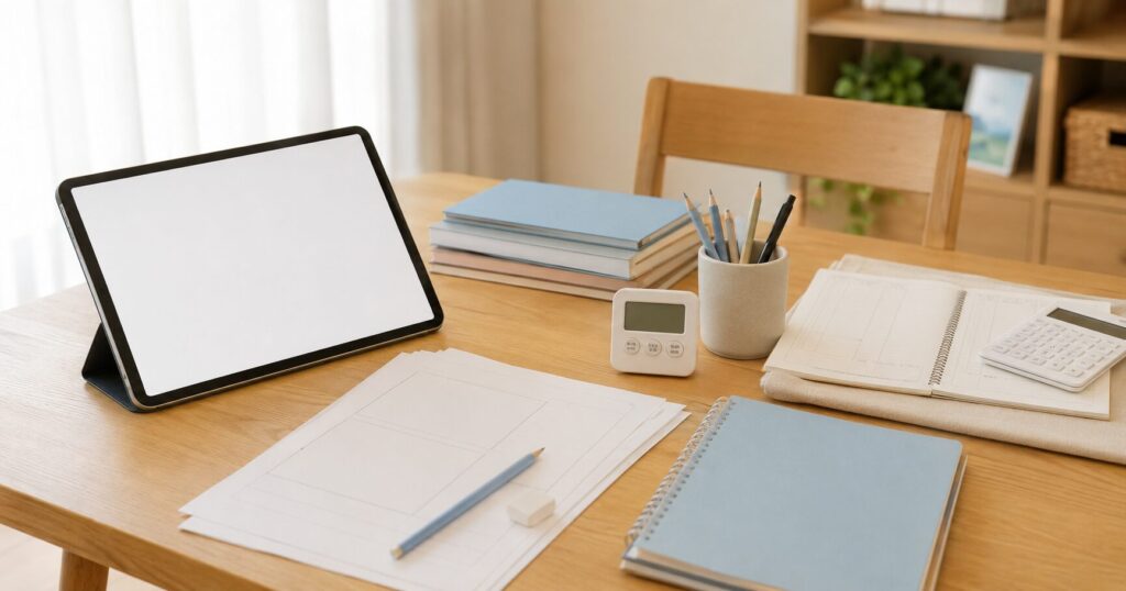 小学生の家庭学習用タブレットと学用品を並べたテーブル